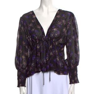 Ganni black and floral tie front top